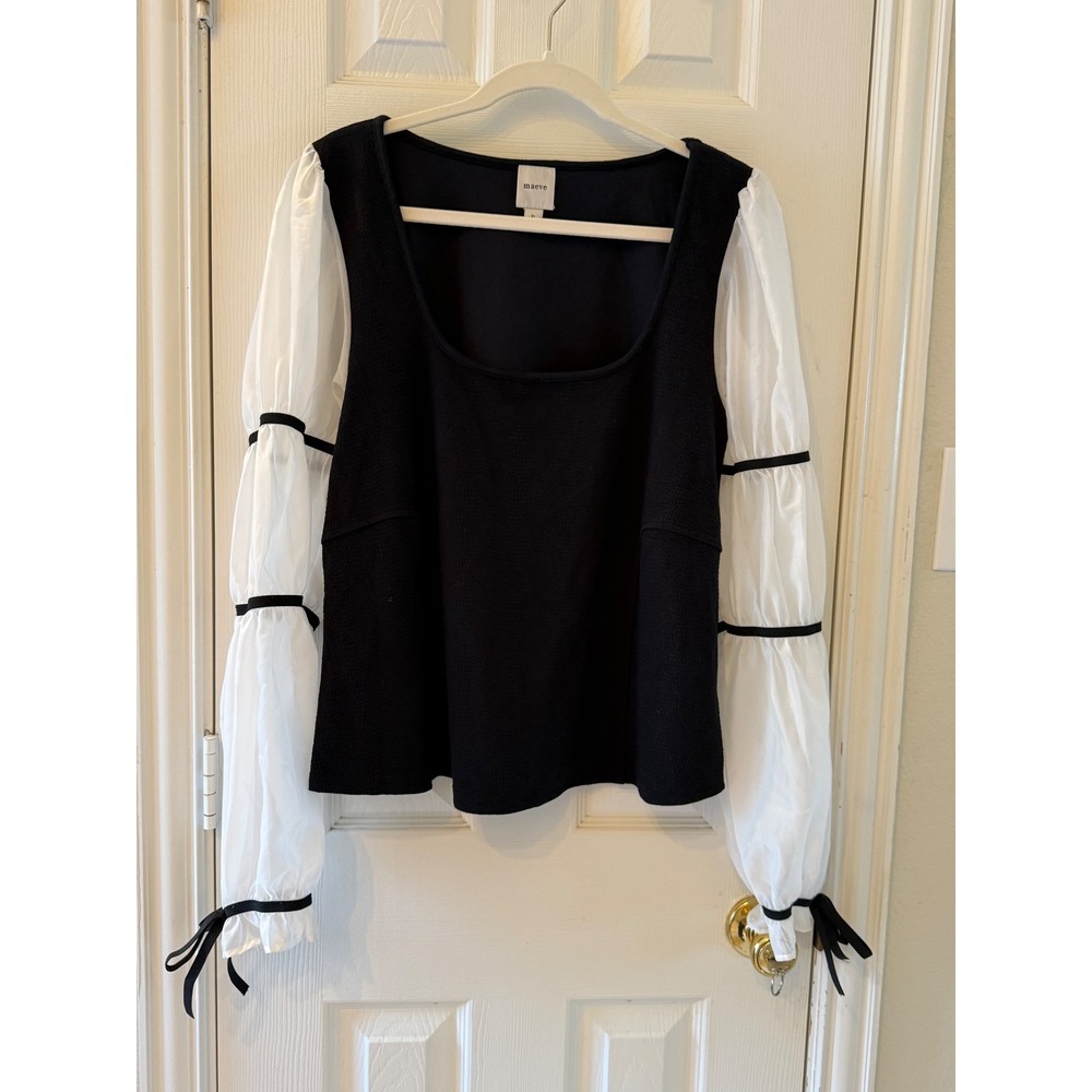 Maeve Anthropologie Black Top XL Sheer Puff Sleeve Tiered Romantic Blouse - Picture 2 of 8
